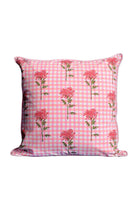 Square pillow with pink gingham pattern and dahlia flowers
