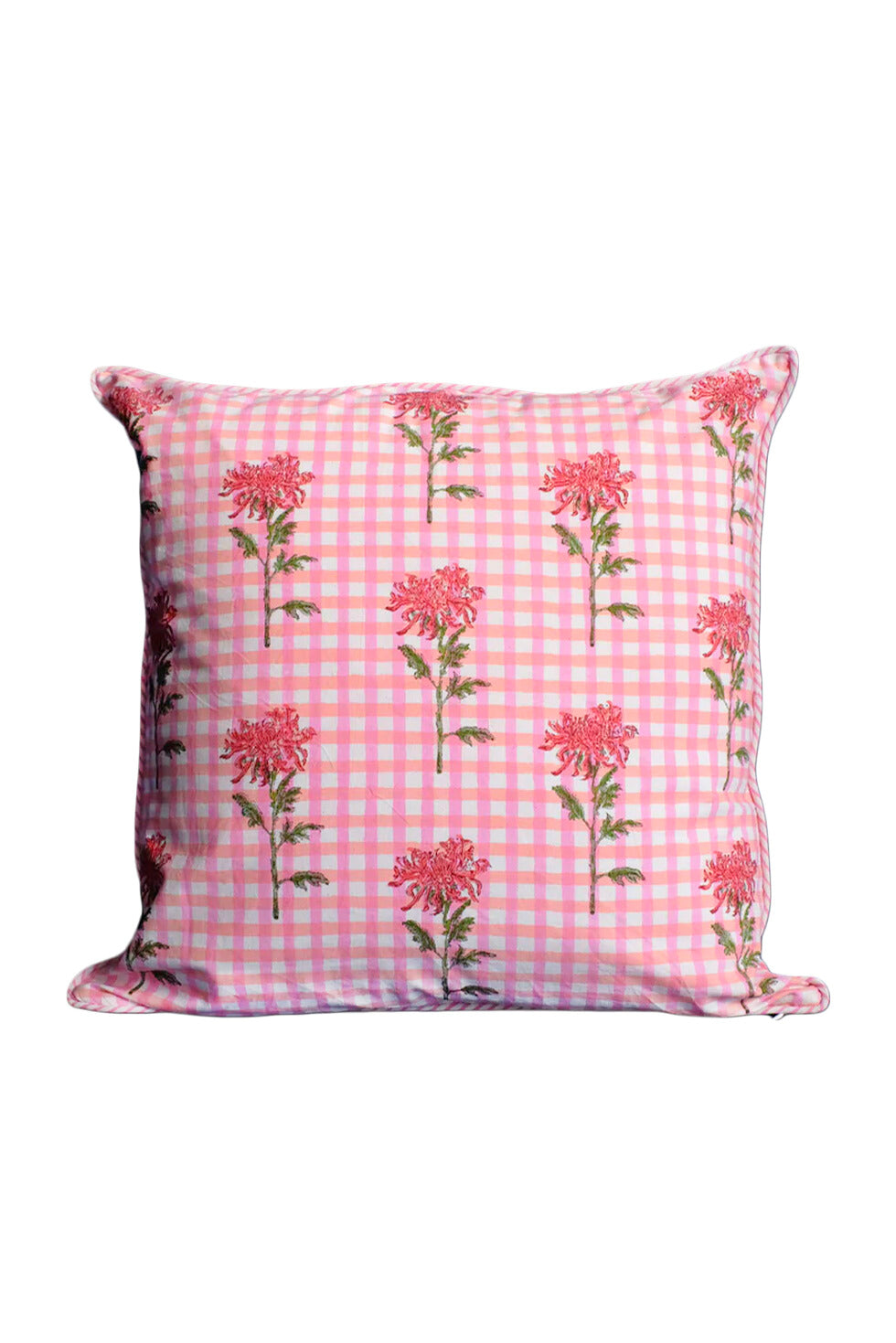 Square pillow with pink gingham pattern and dahlia flowers