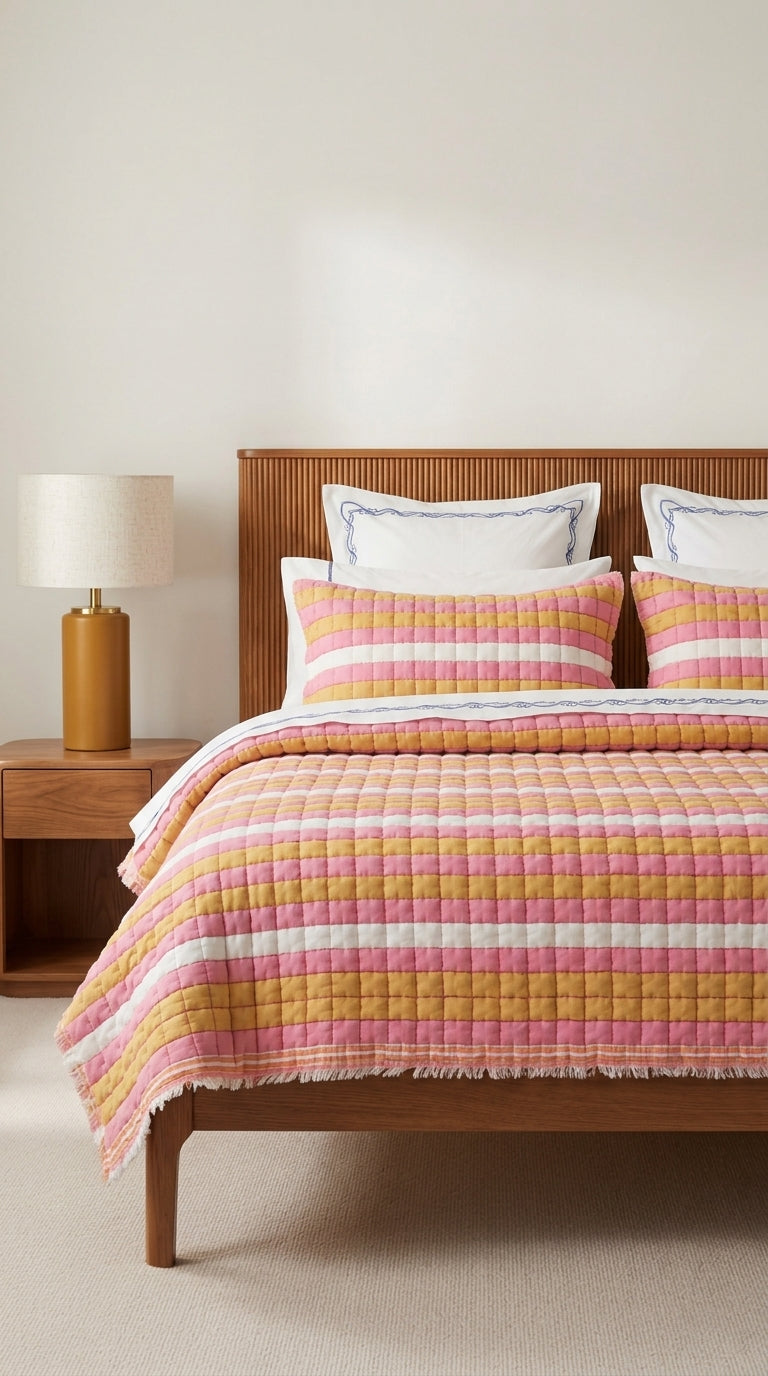 Bed with pink and yellow striped bedding in a bedroom setting.