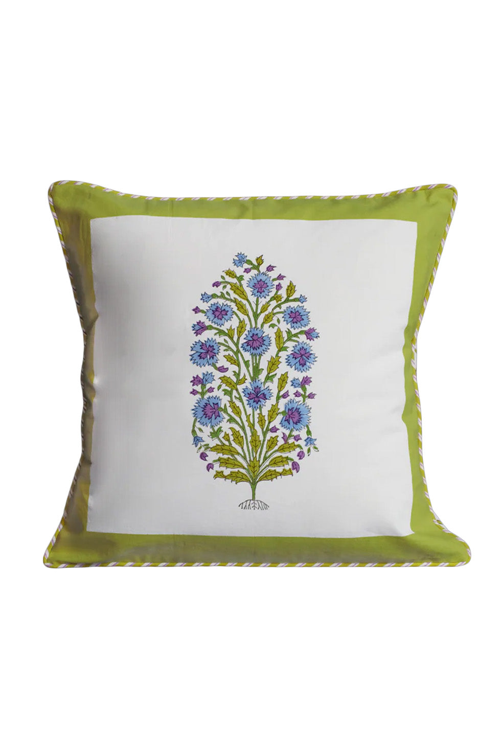 Green-bordered blockprint pillow with blue-purple floral botanical design - Inner Child