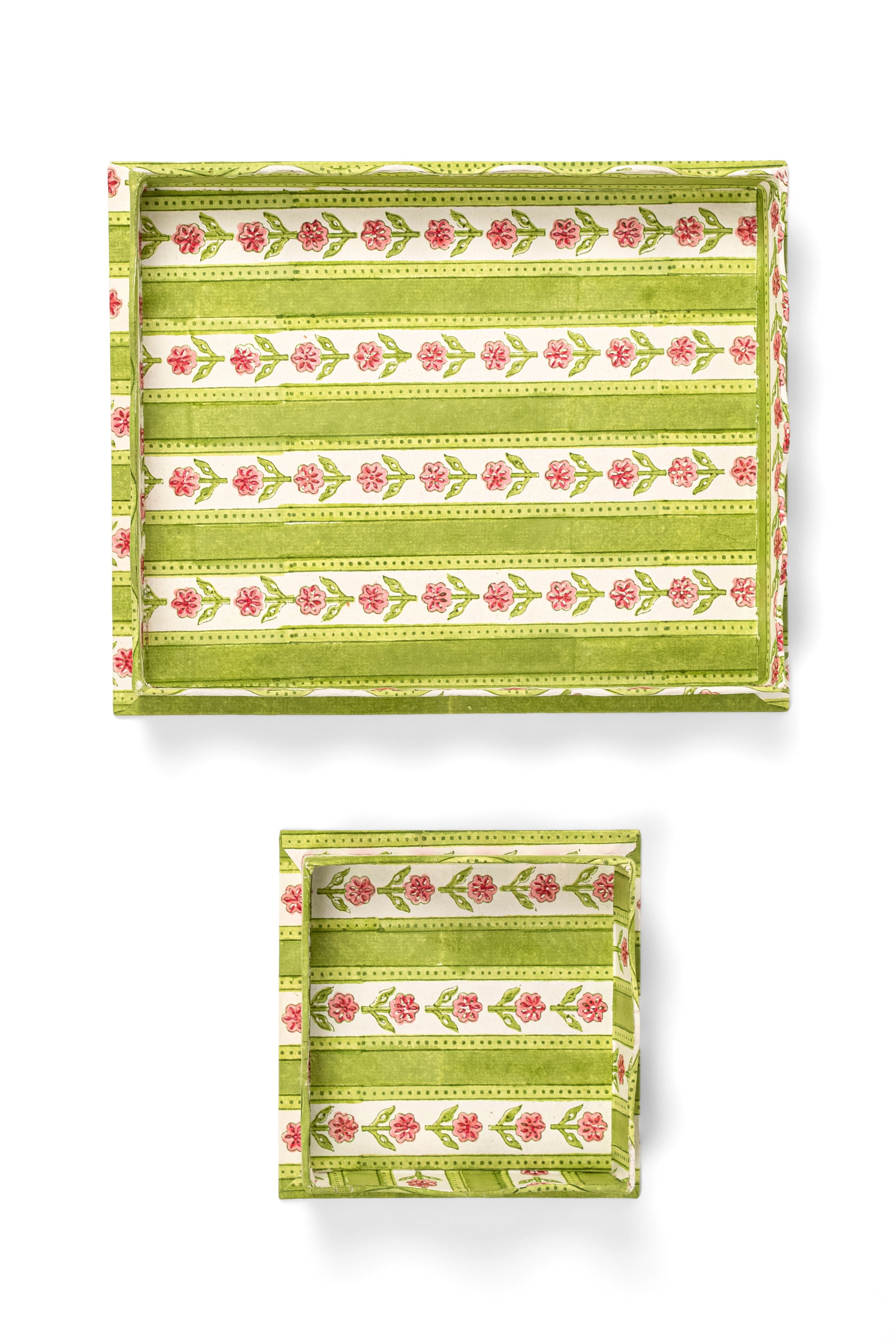 Green nesting scalloped blockprint trays with floral patterns from Inner Child