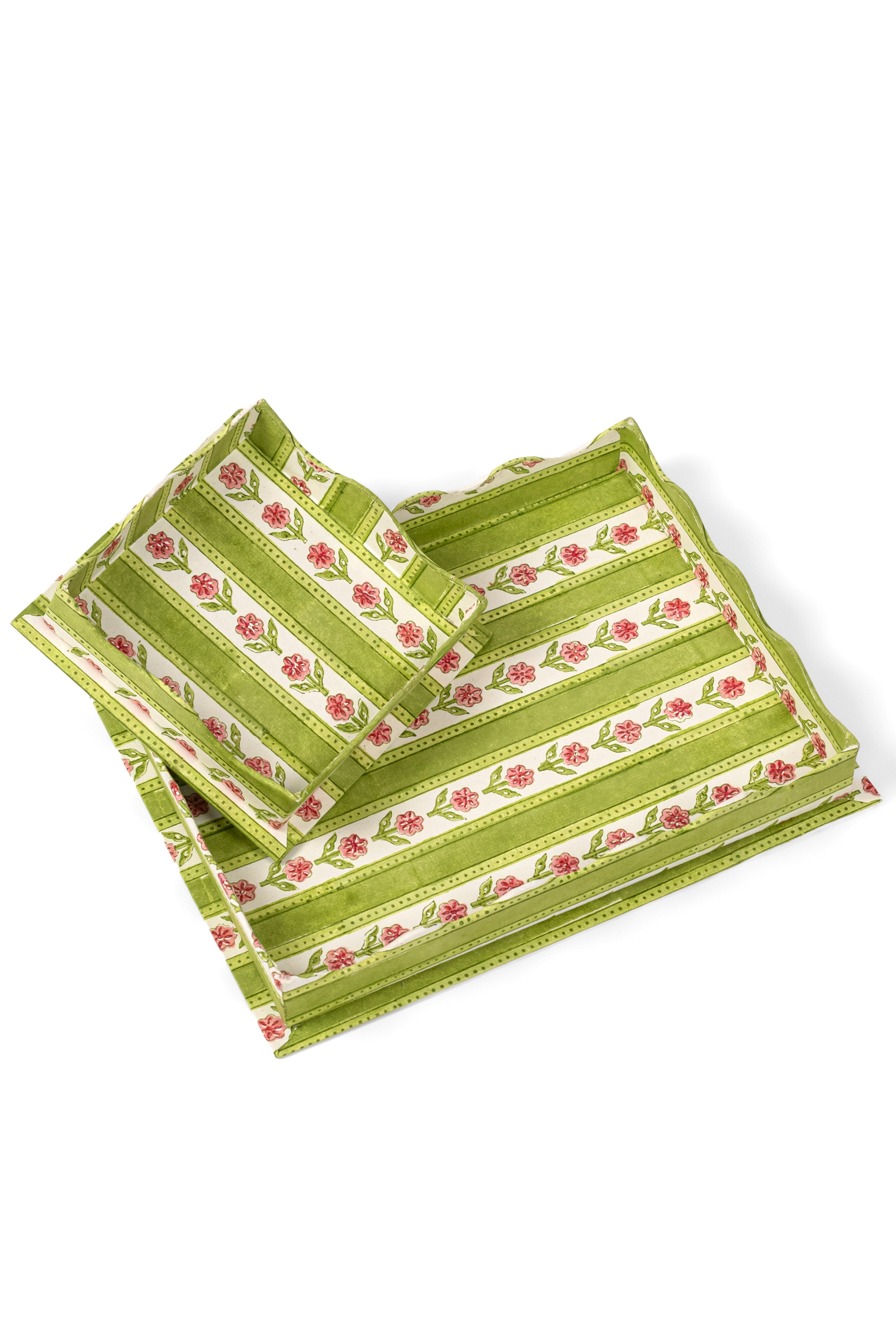 Inner Child green nesting scalloped blockprint trays with pink flowers