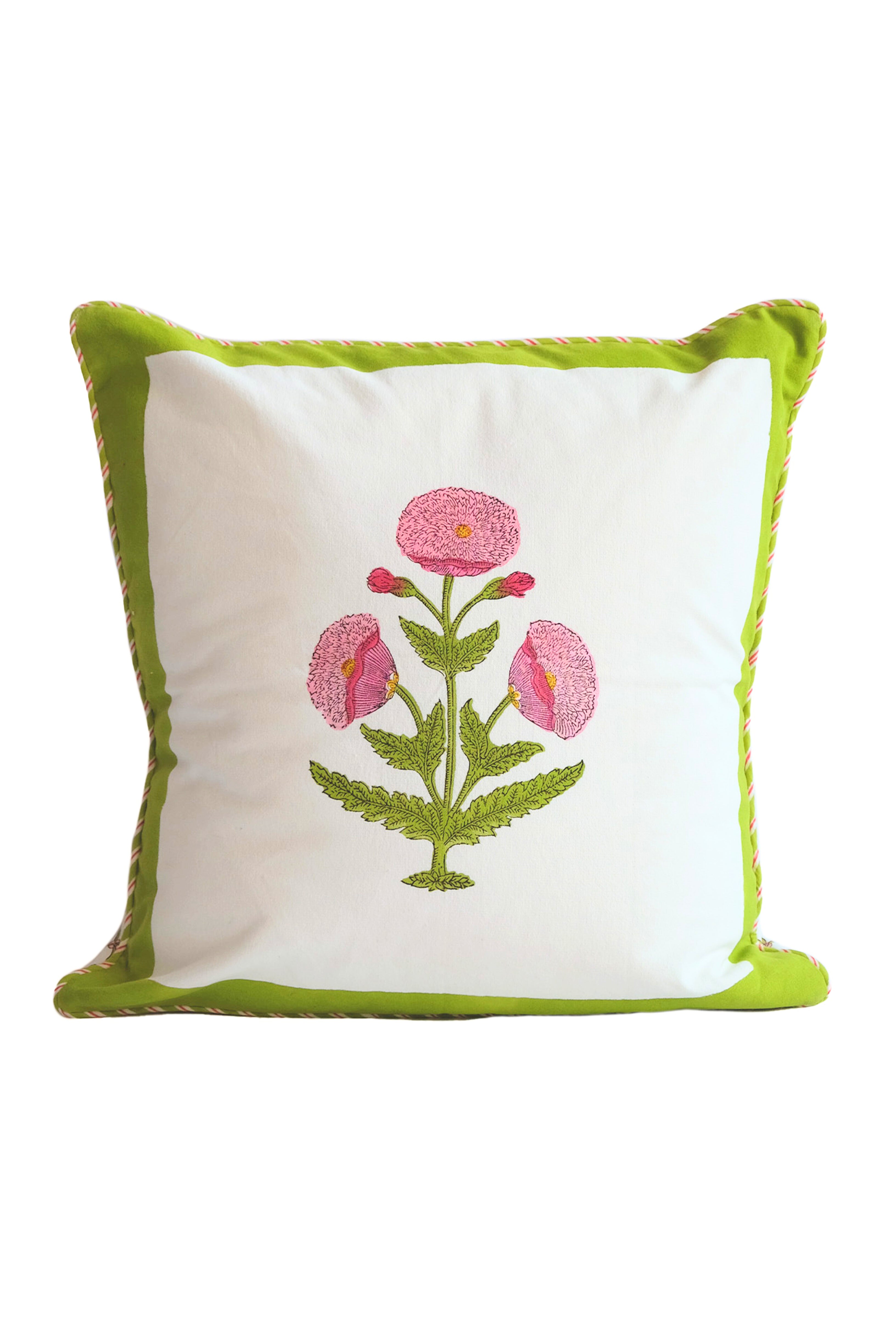 Green-bordered square pillow with pink poppy botanical design - Inner Child
