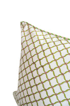 Close-up of green lattice blockprint pillow fabric detail - Inner Child