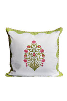 Pink floral blockprint pillow with green trim