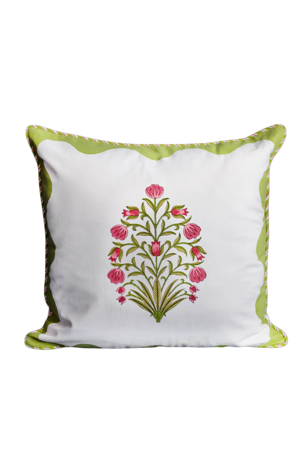 Pink floral blockprint pillow with green trim
