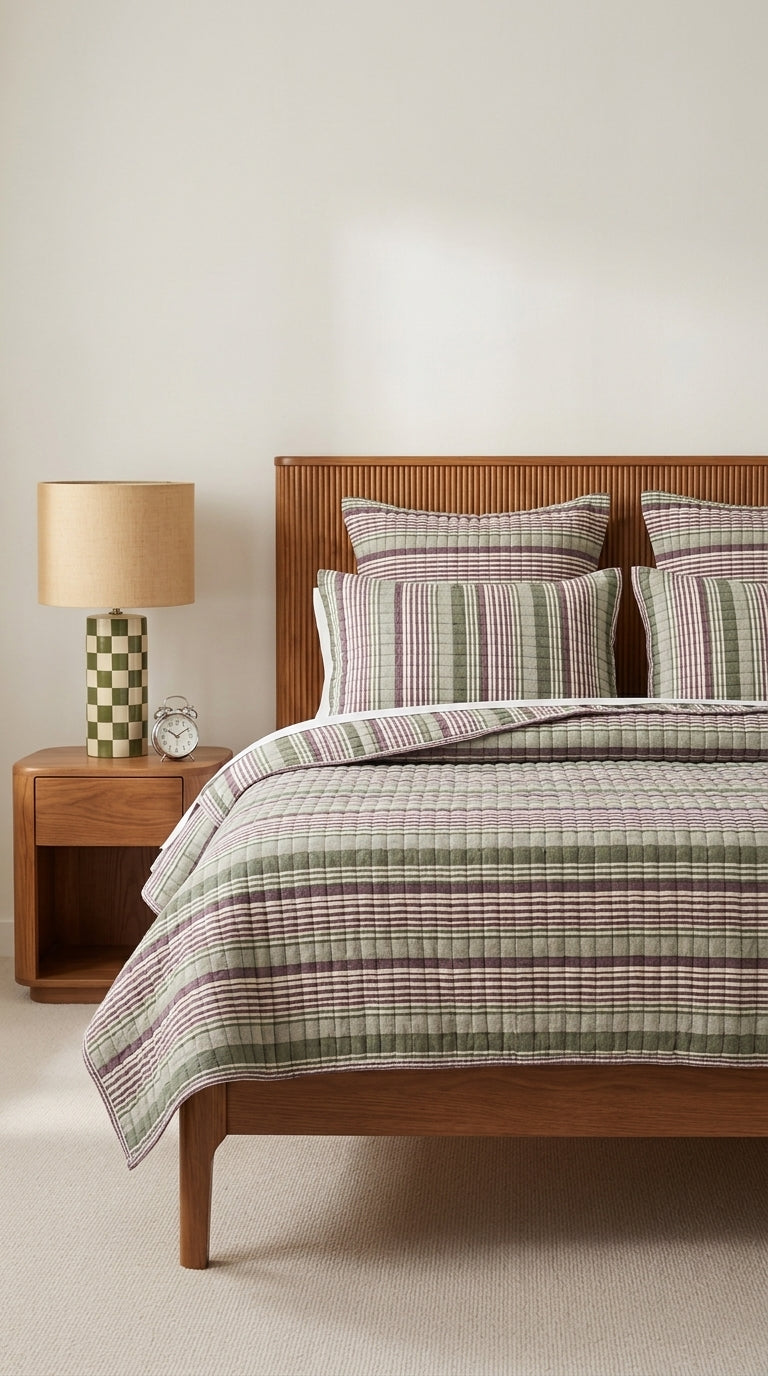 Bedroom with wooden bed, plaid bedding, and nightstand with lamp.