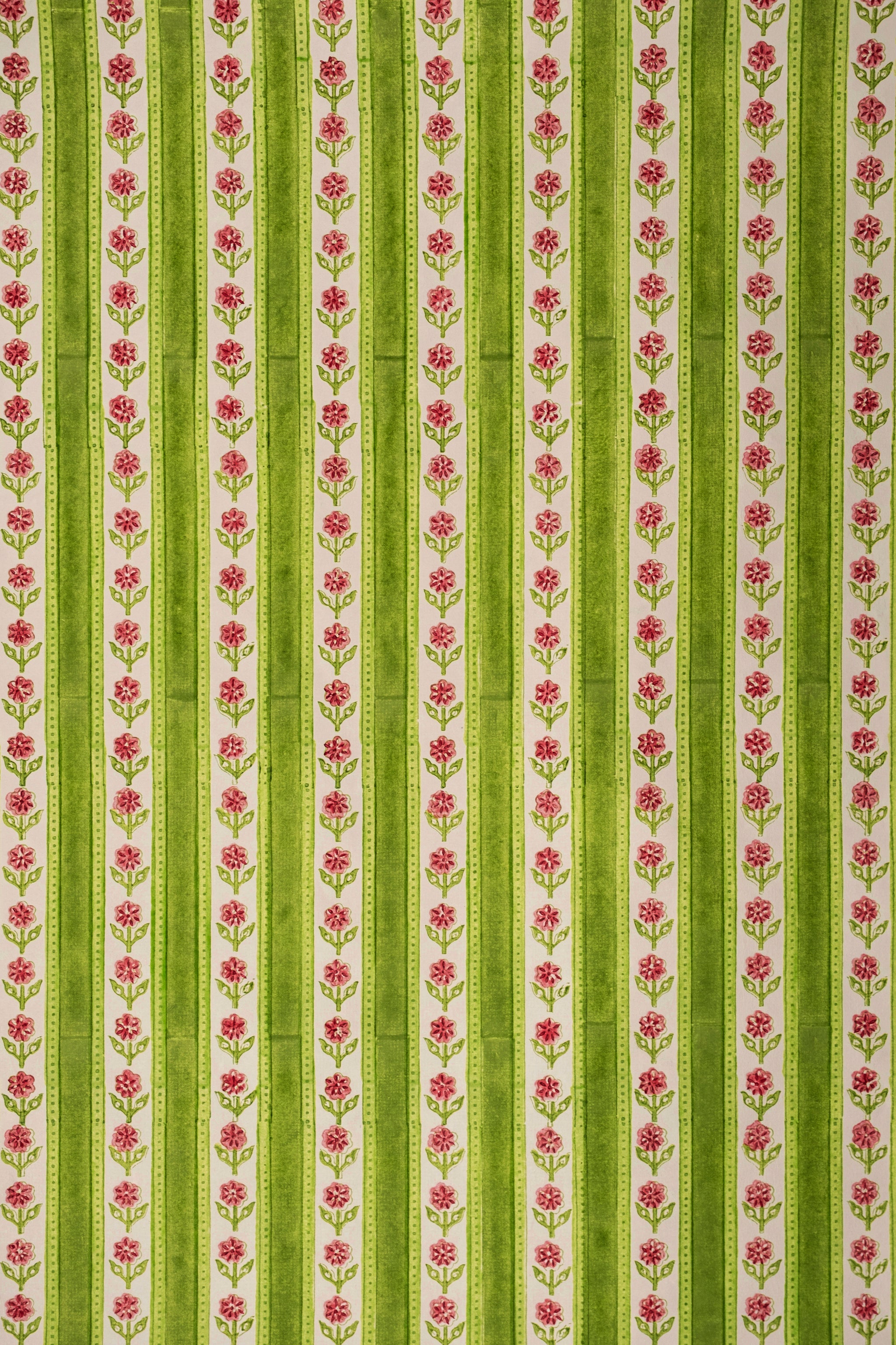 Detailed green blockprint cottage garden gift wrap pattern by Inner Child