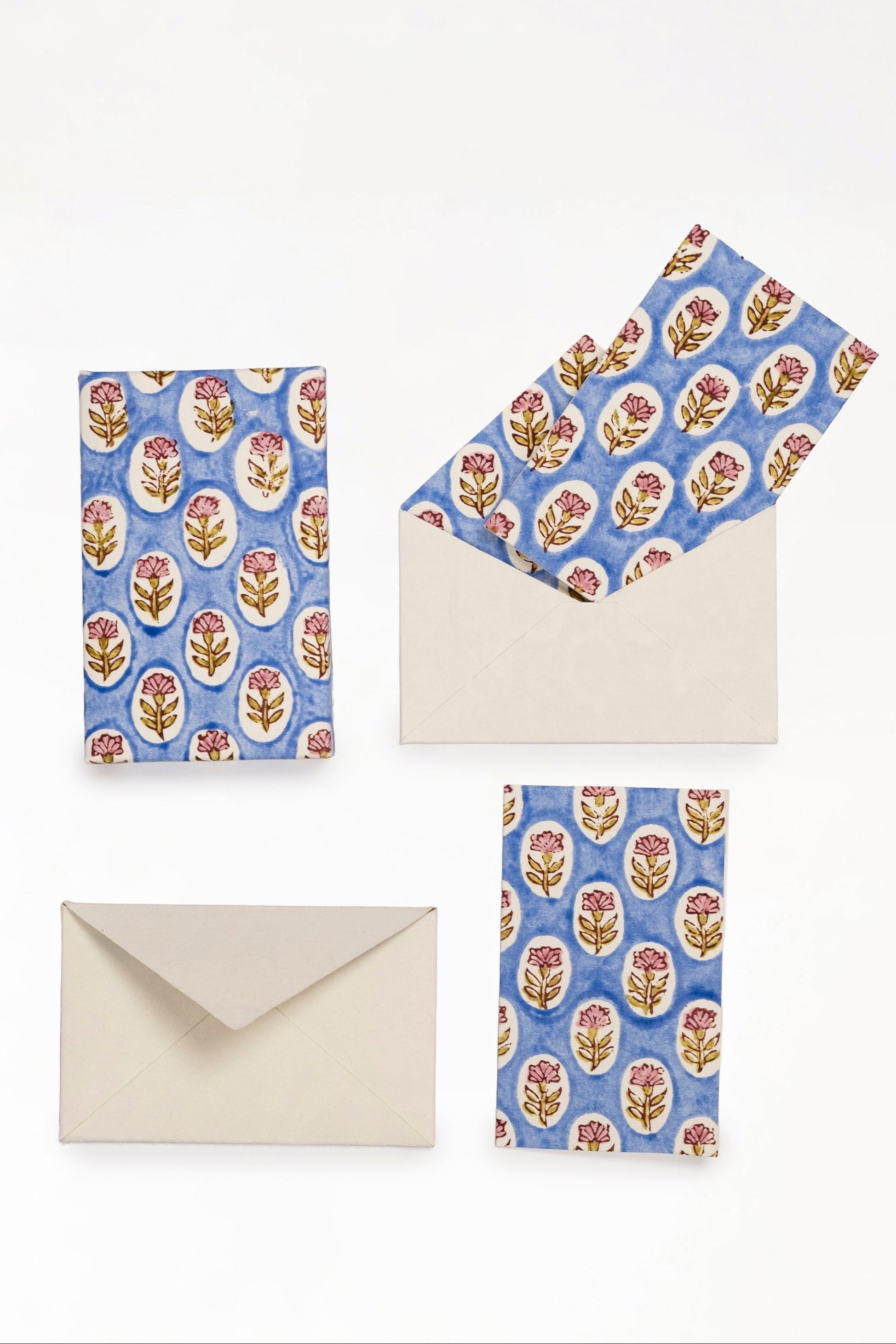 Blue daisy blockprint notecards set with matching envelopes from Inner Child