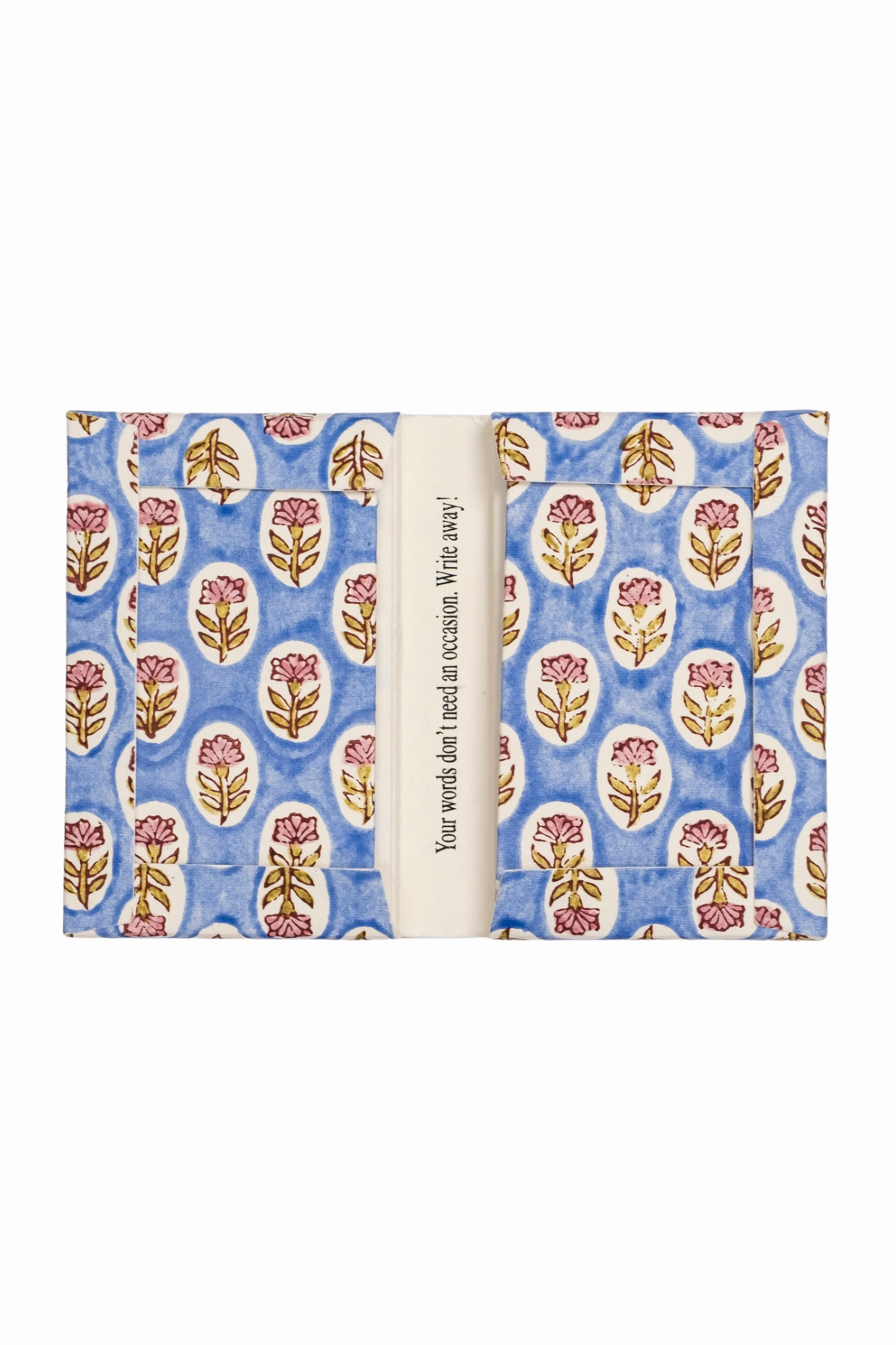 Blue daisy blockprint notecards featuring "Your words..." message