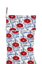 Inner Child Araminta Red blockprint Christmas stocking top view showing red flowers and blue leaf designs