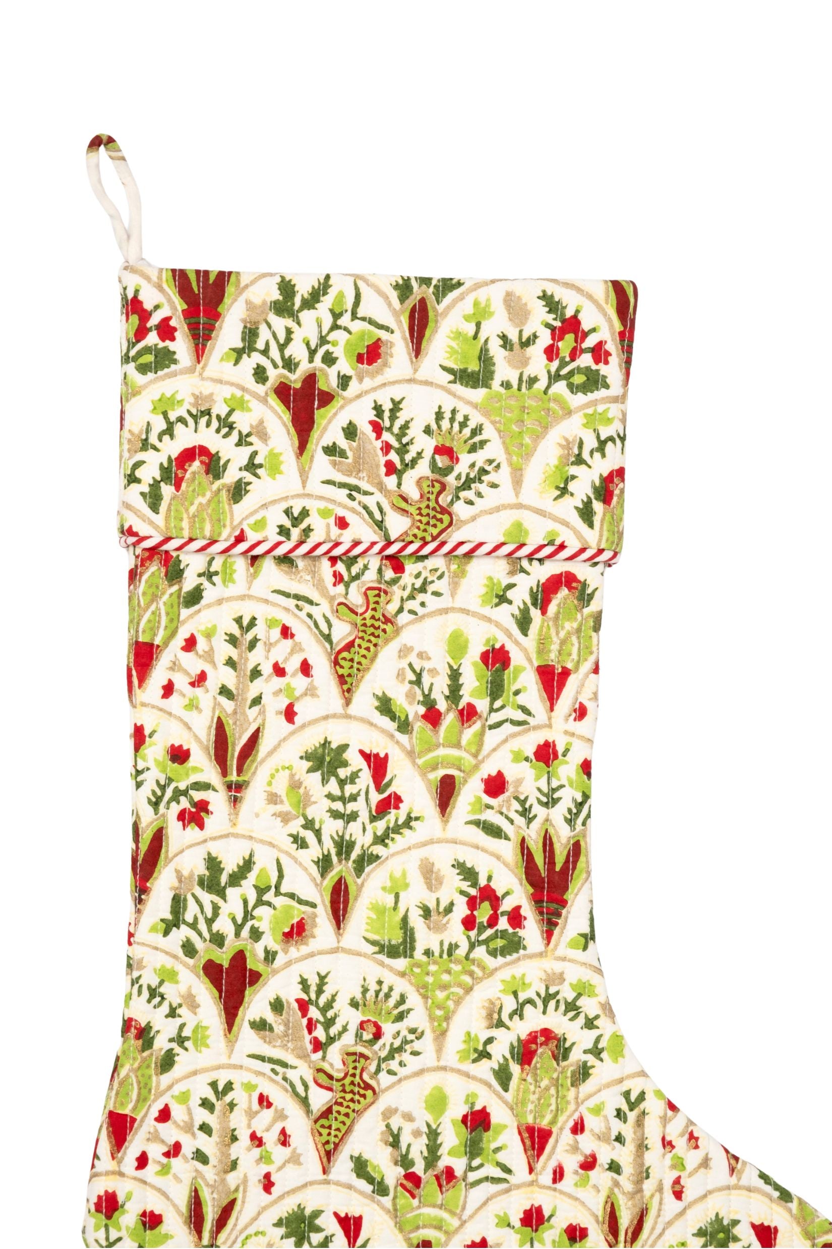 Inner Child Green Holiday Arch blockprint stocking with colorful floral patterns