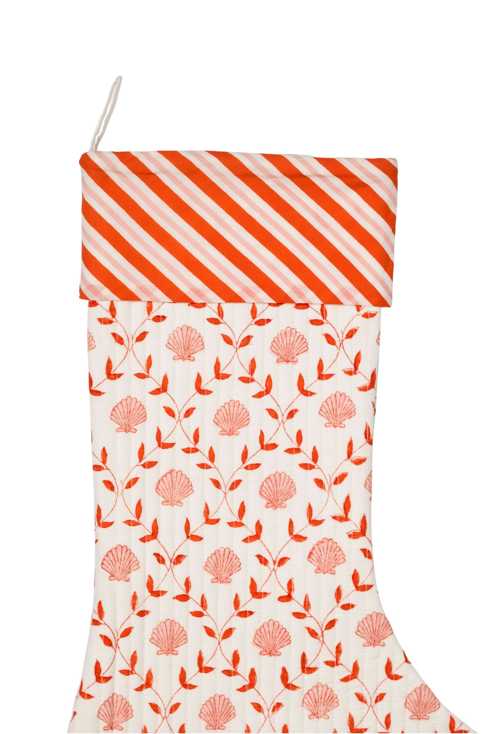 Pink seashell blockprint Christmas stocking with orange stripe cuff from Inner Child