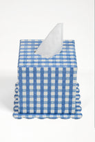 Blockprint blue gingham square tissue box cover with scalloped base