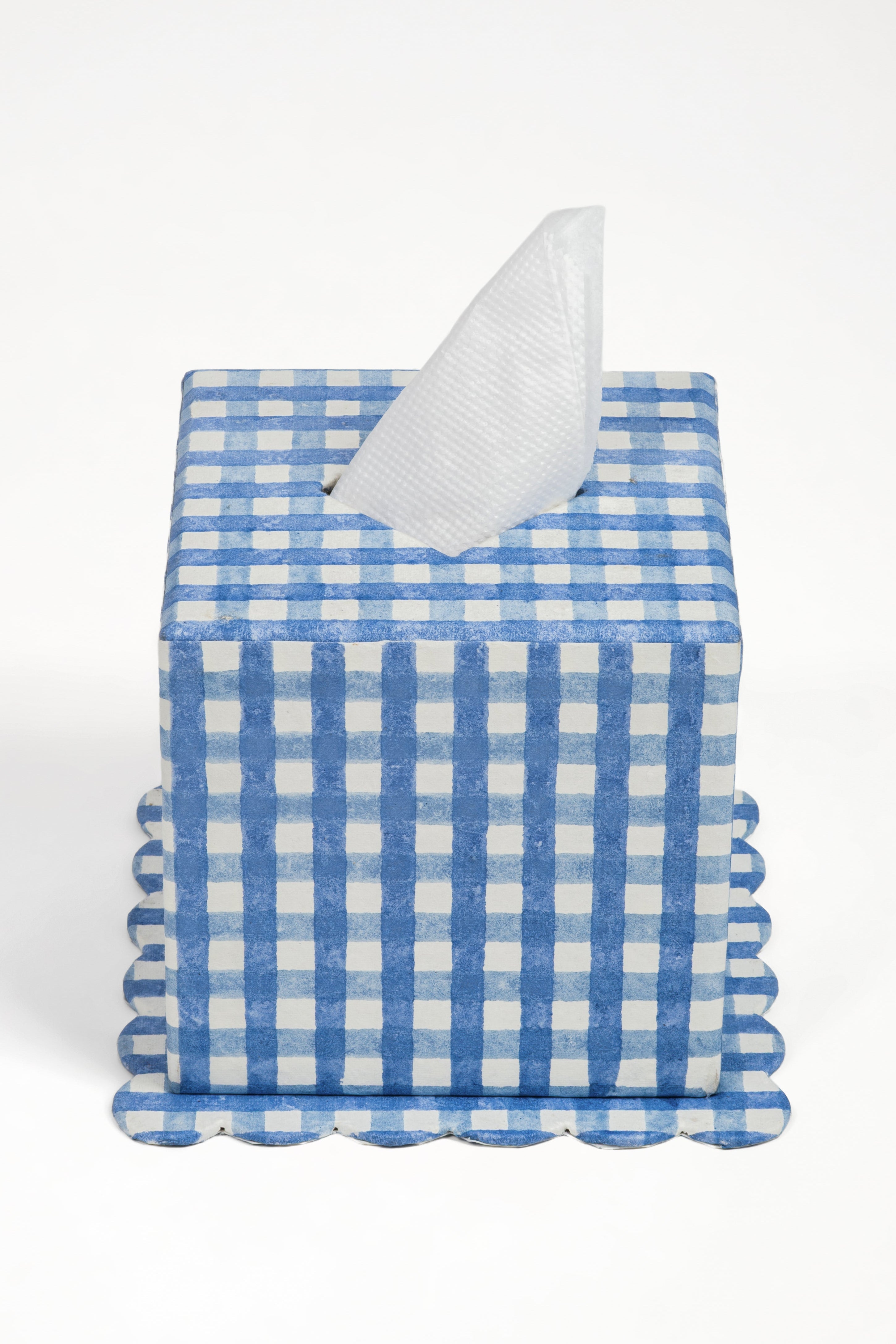 Blockprint blue gingham square tissue box cover with scalloped base