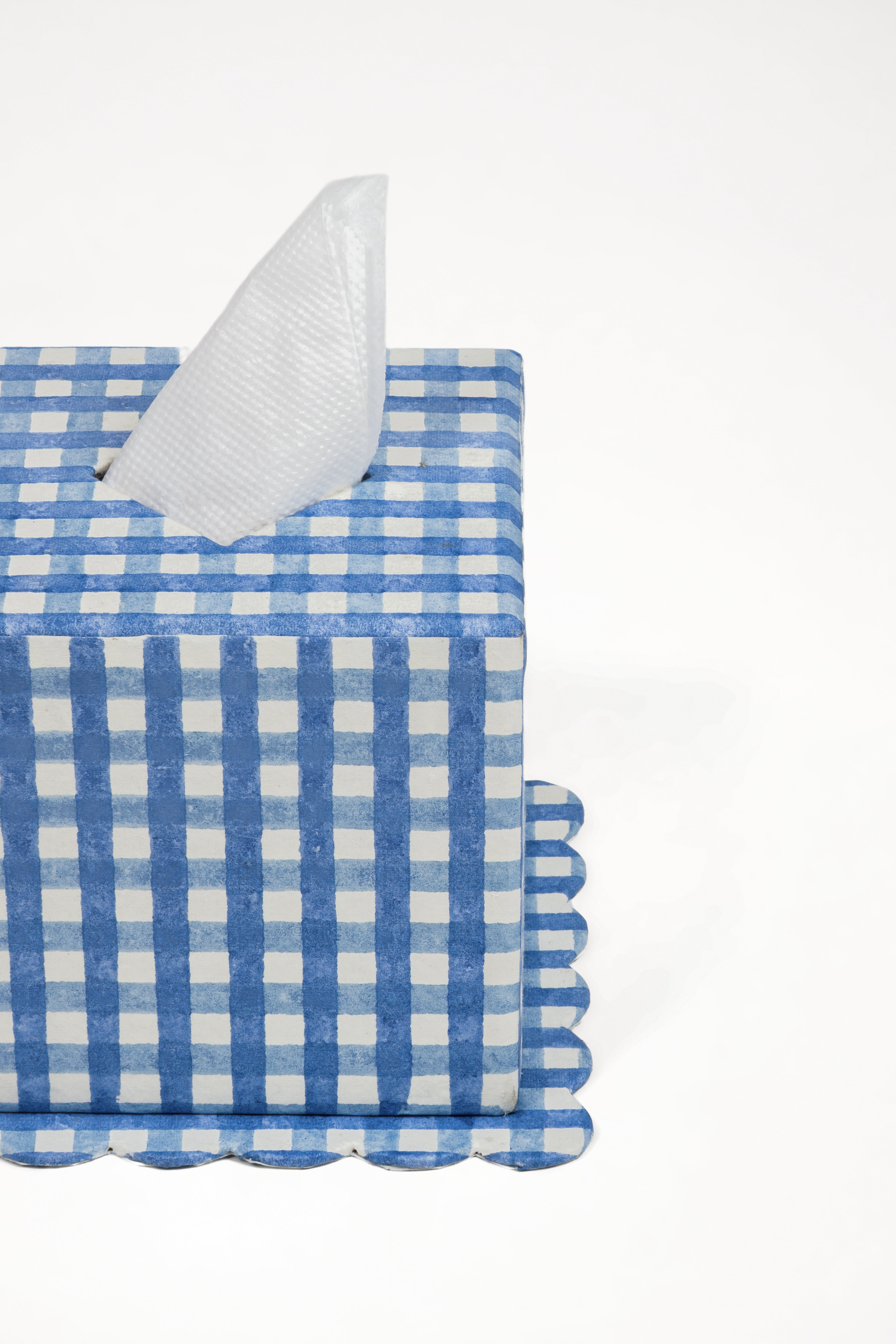 Blue gingham blockprint tissue box cover with tissue