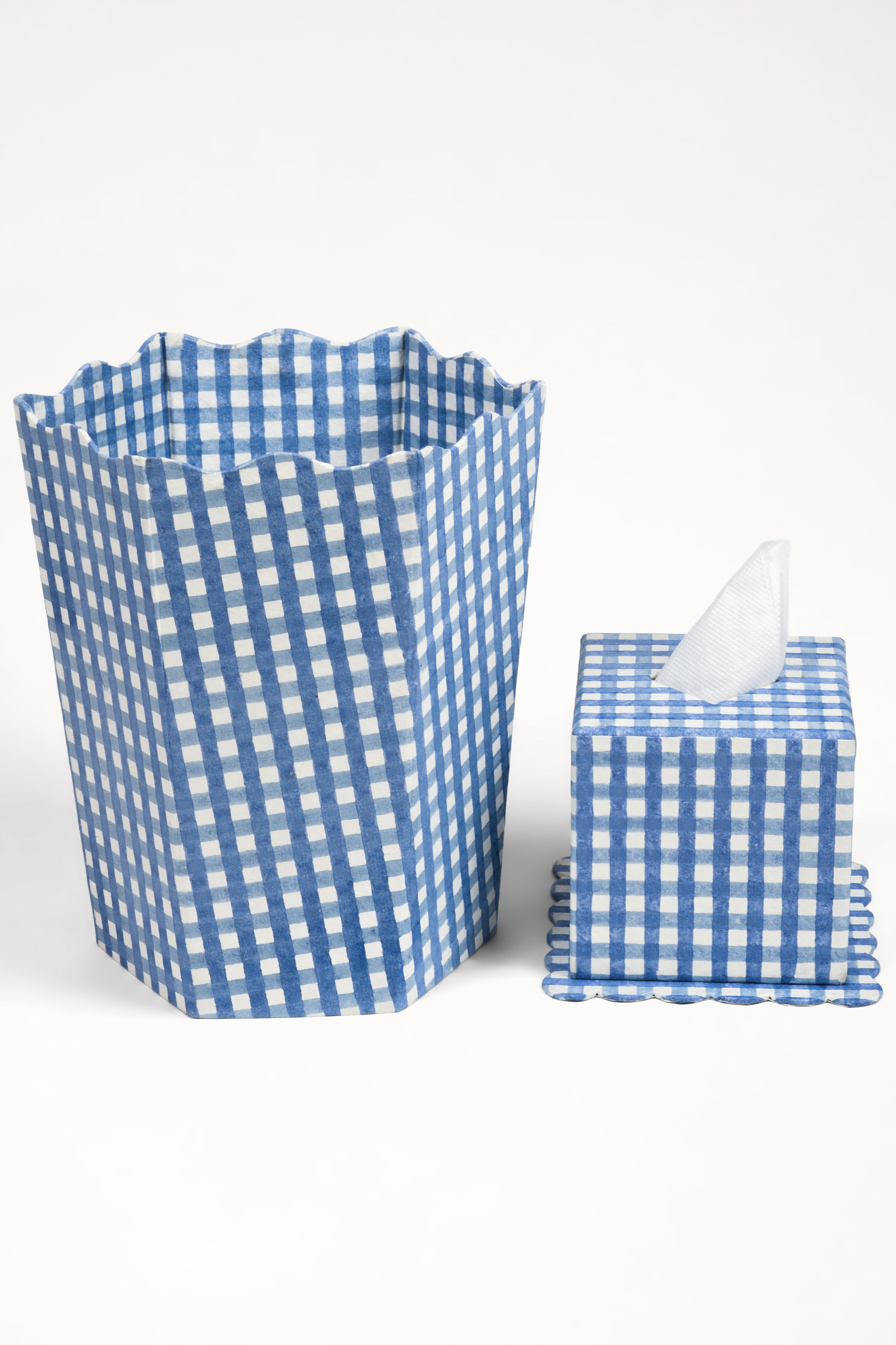 Blockprint blue gingham tissue box set with scalloped edges