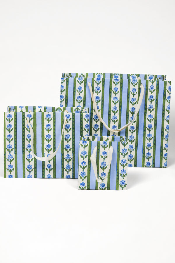 Inner Child blue cottage garden blockprint gift bags with white handles