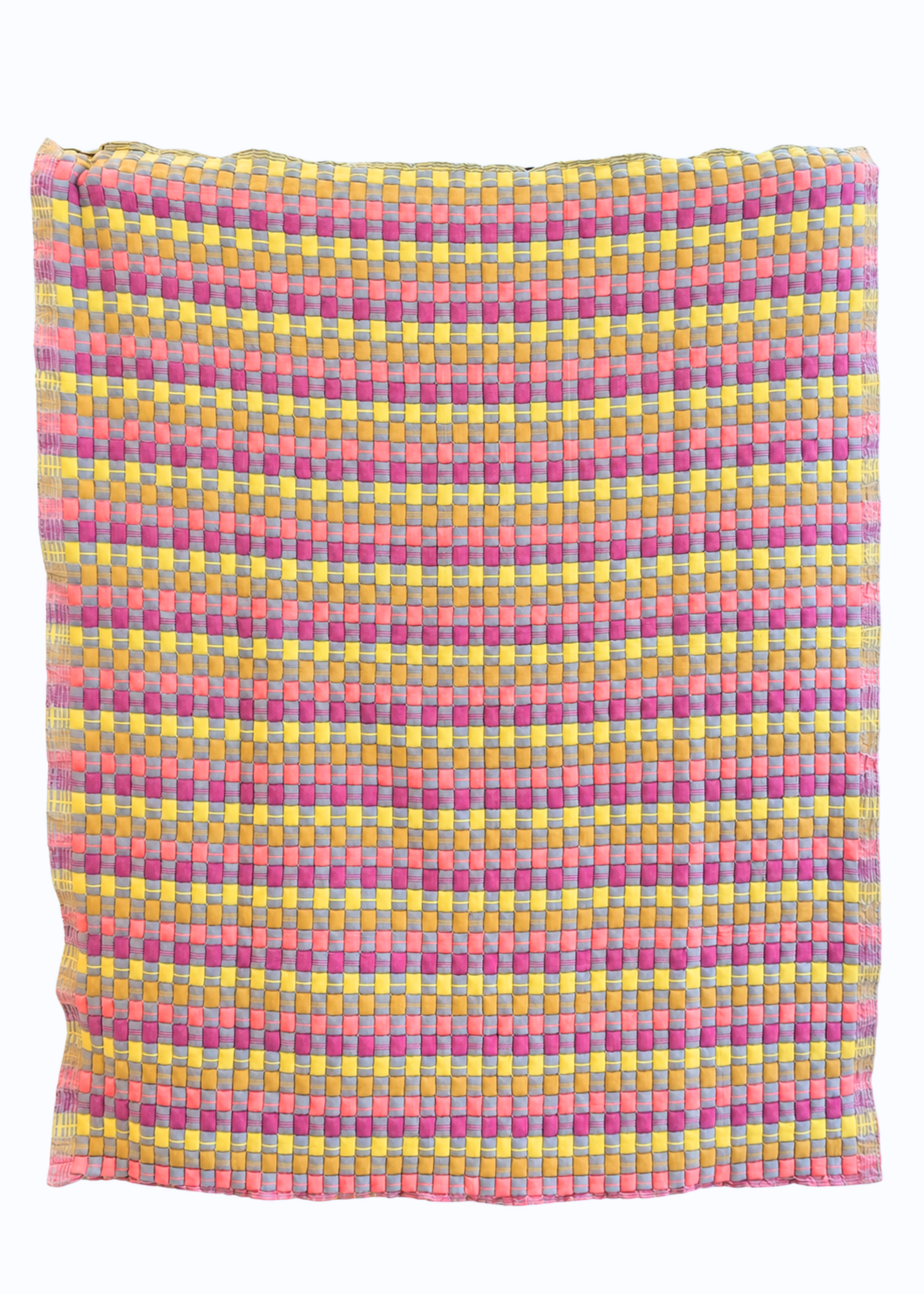 Vibrant cotton candy colored sujani quilt with multicolored square patterns