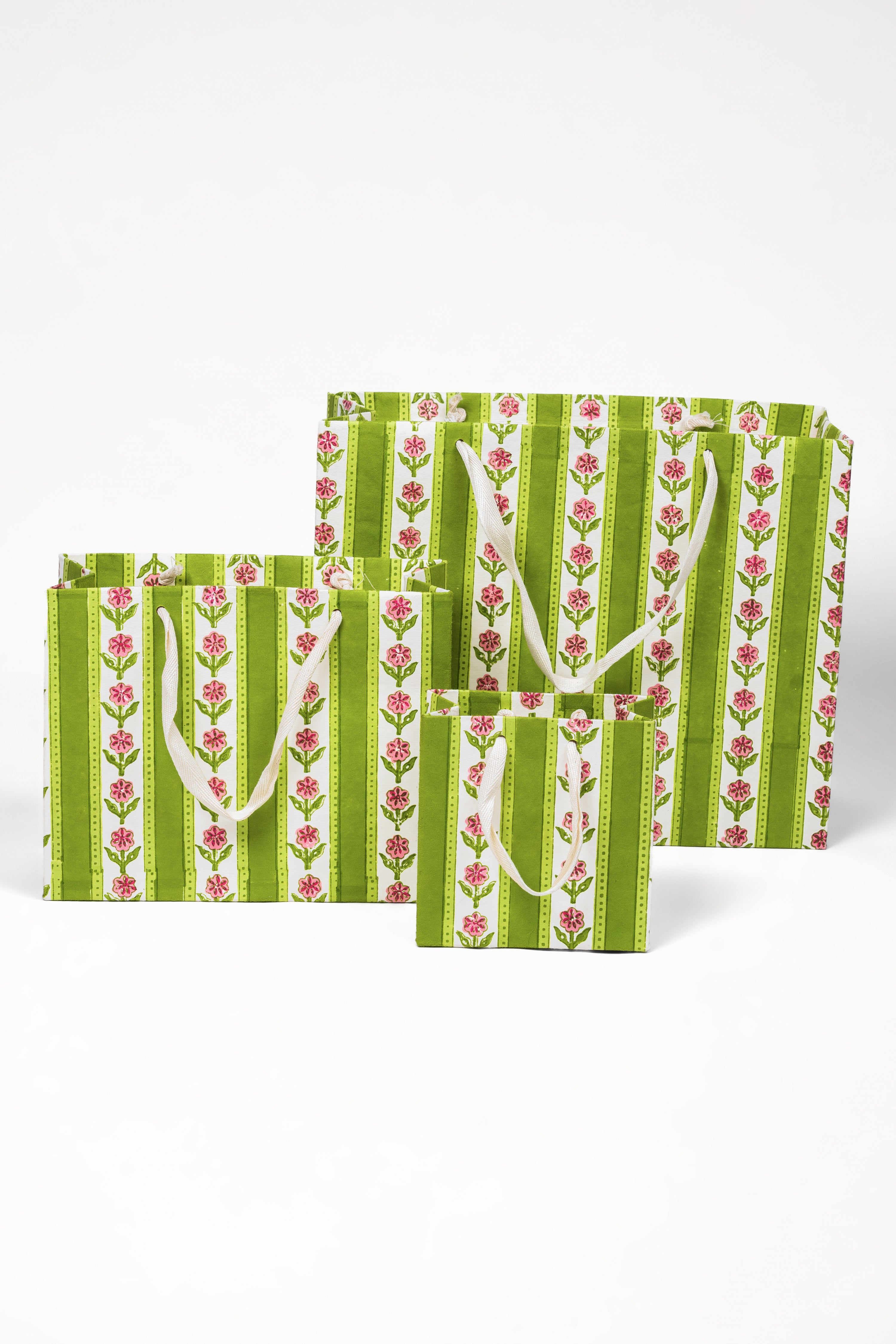Inner Child green cottage garden blockprint gift bags with white handles