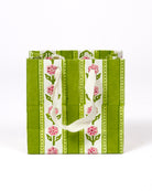 Small green cottage garden blockprint gift bag with pink flower design