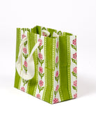 Green cottage garden blockprint gift bag with pink flower pattern