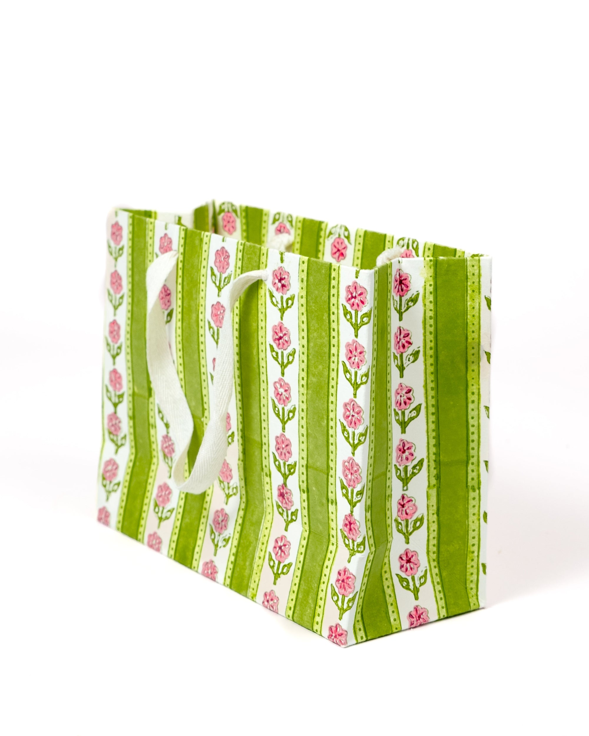 Small green cottage garden blockprint gift bag with pink flowers