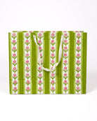 Large green cottage garden blockprint gift bag with pink floral designs