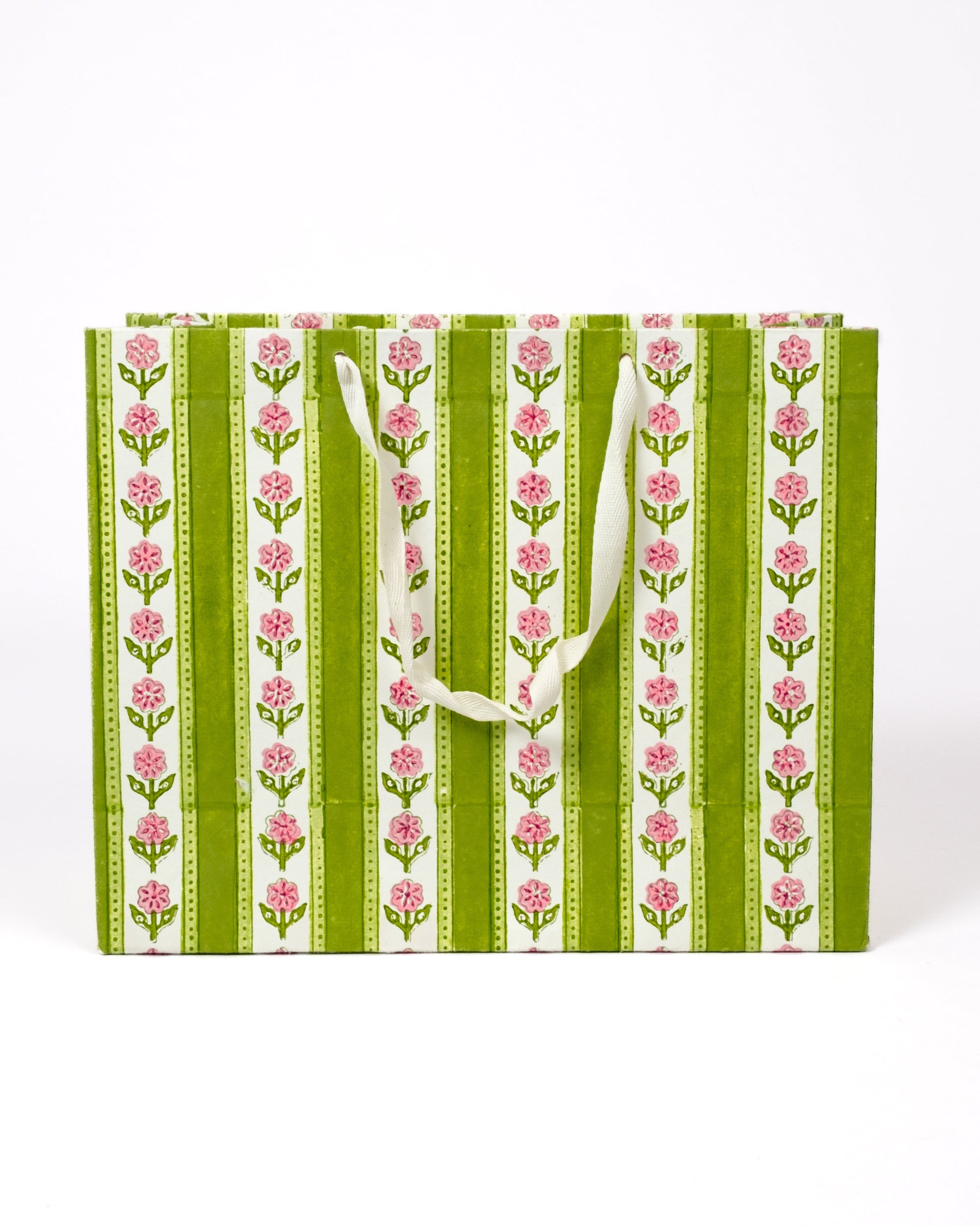 Large green cottage garden blockprint gift bag with pink floral designs