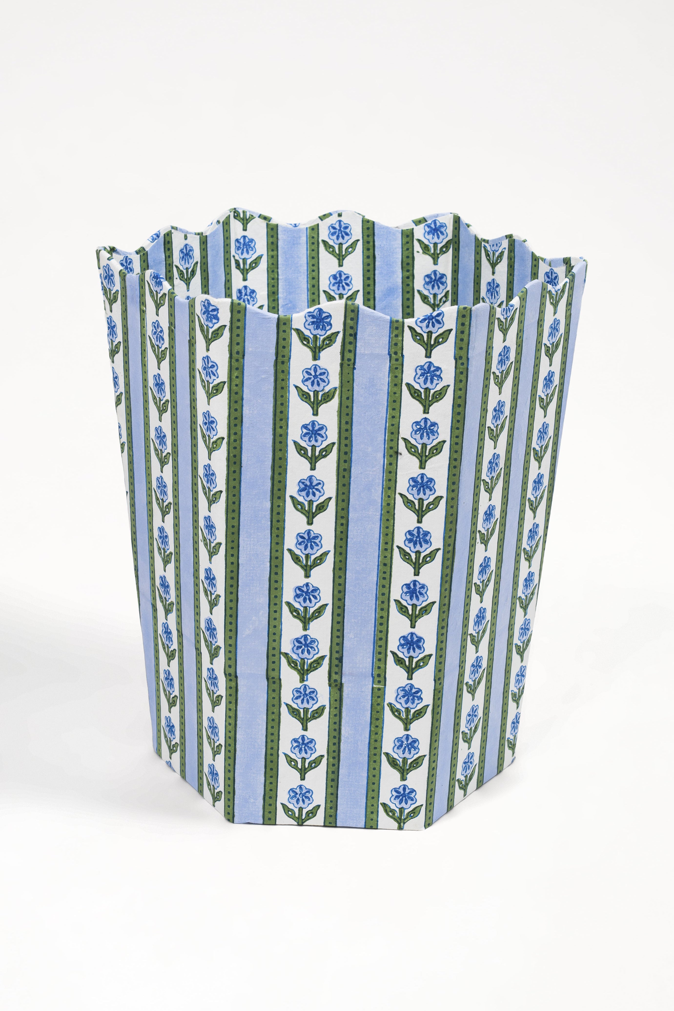 Blue cottage garden blockprint scallop waste bin storage bin from Inner Child