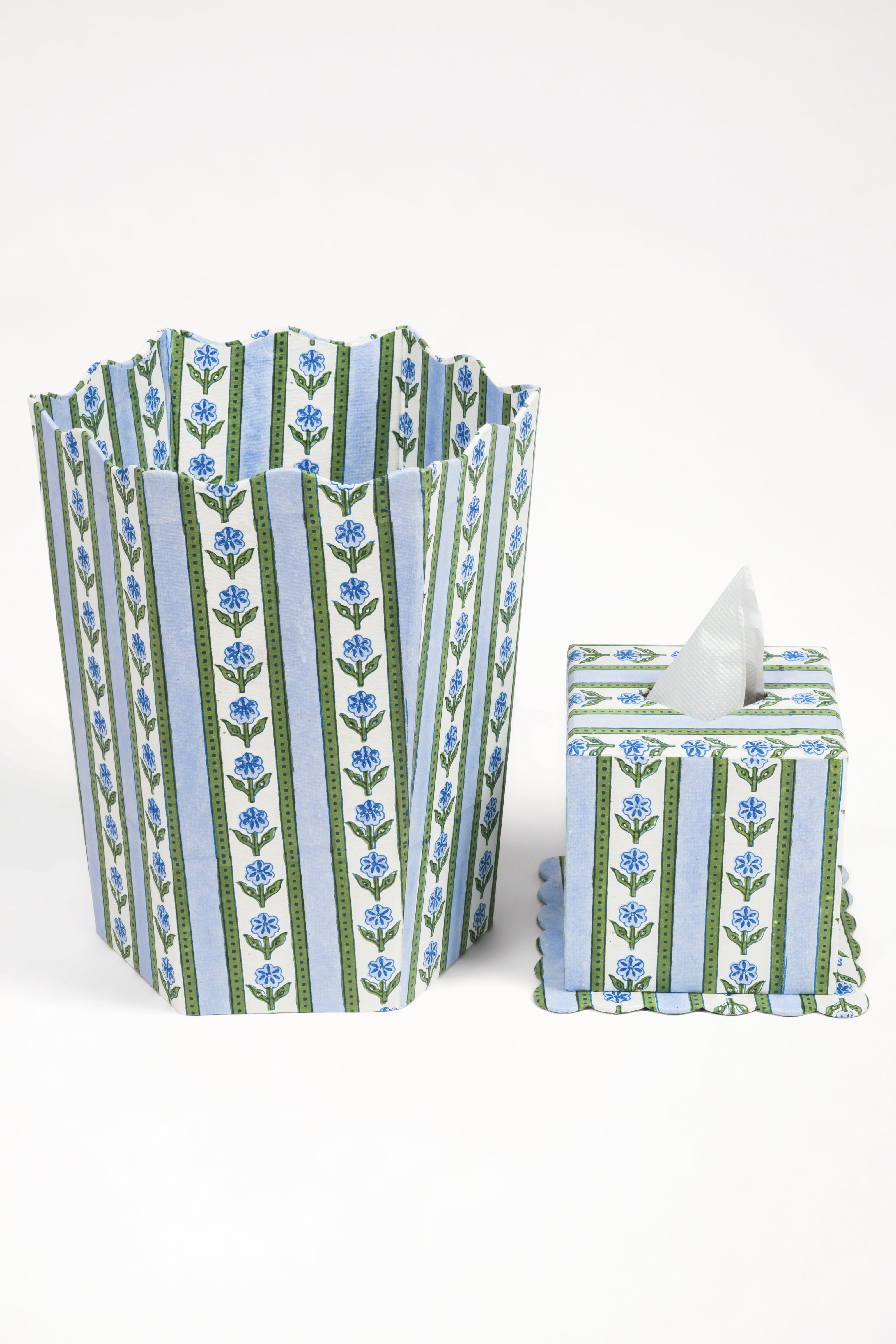 Blue cottage garden blockprint waste bin and matching storage bin from Inner Child