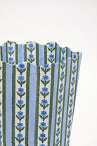 Close-up of blue cottage garden blockprint scallop edge waste bin from Inner Child