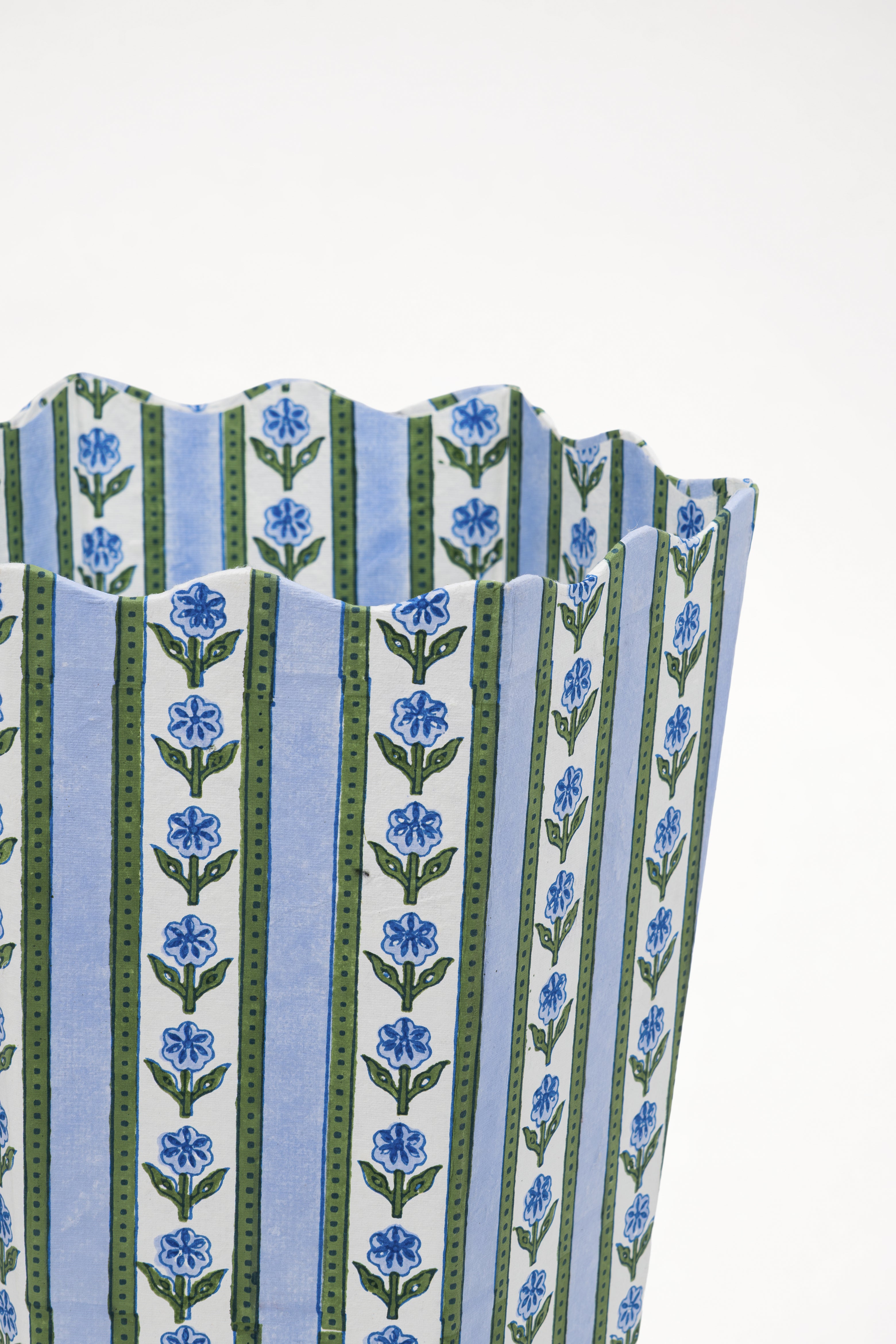 Close-up of blue cottage garden blockprint scallop edge waste bin from Inner Child