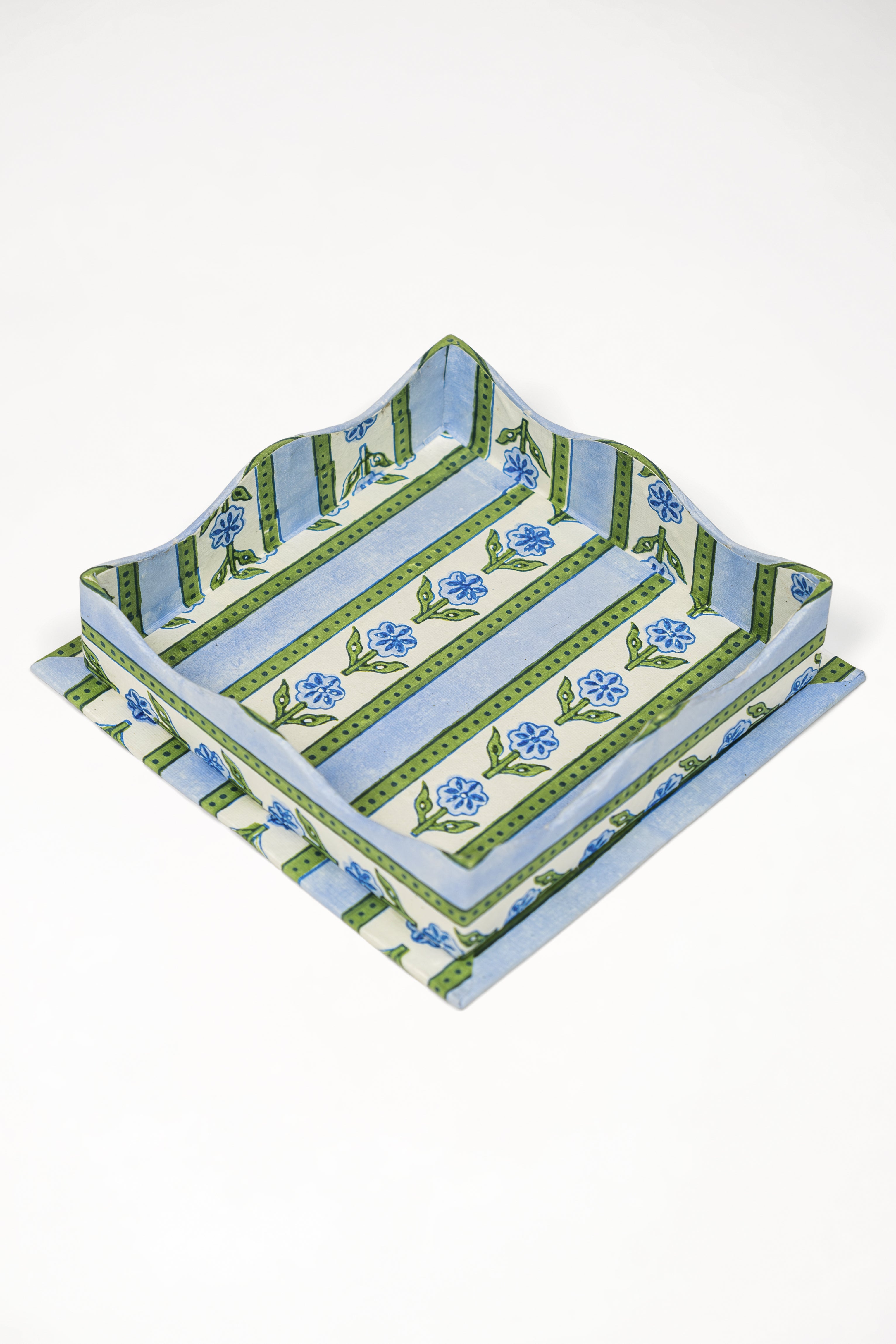 Inner Child nesting scalloped cotton garden blockprint trays blue