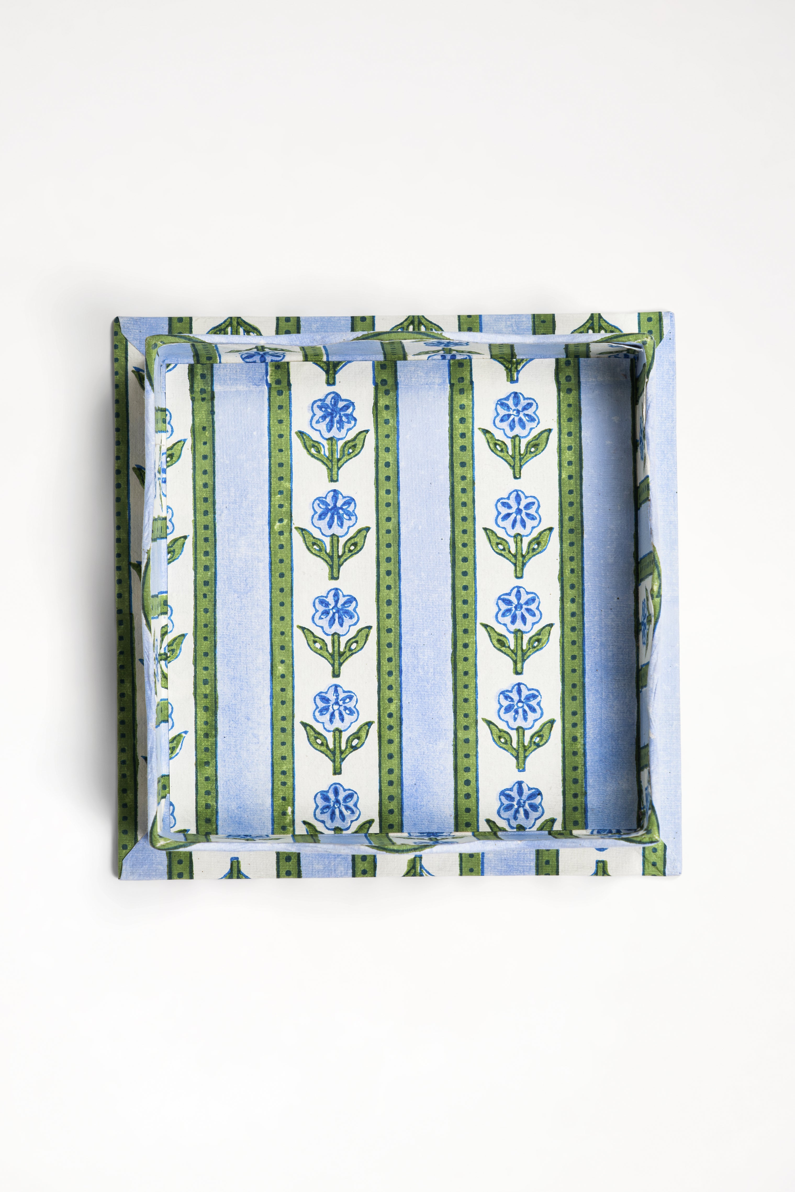 Inner Child nesting scalloped cotton garden blockprint trays blue top view