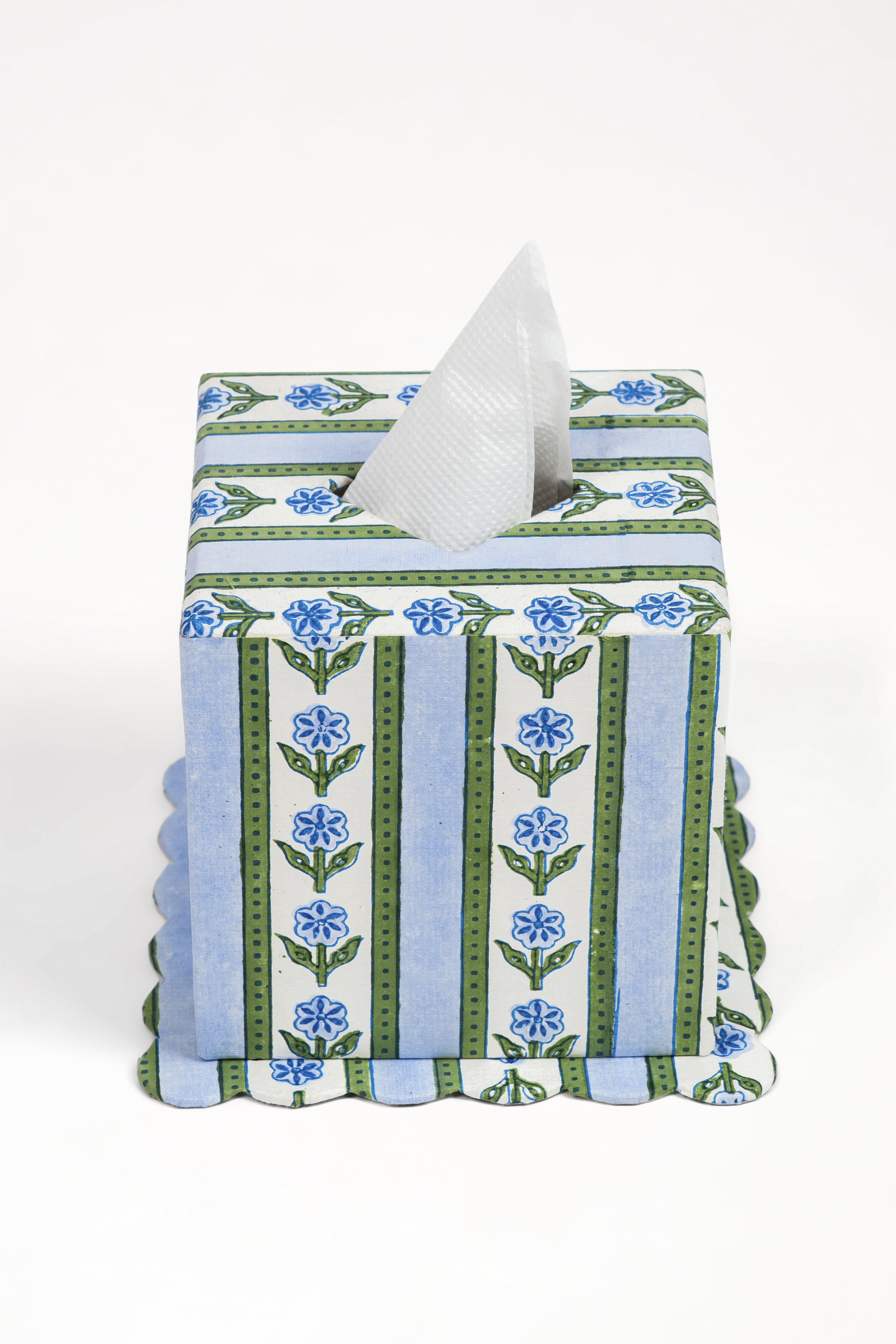 Inner Child blue scalloped cottage garden blockprint tissue box cover