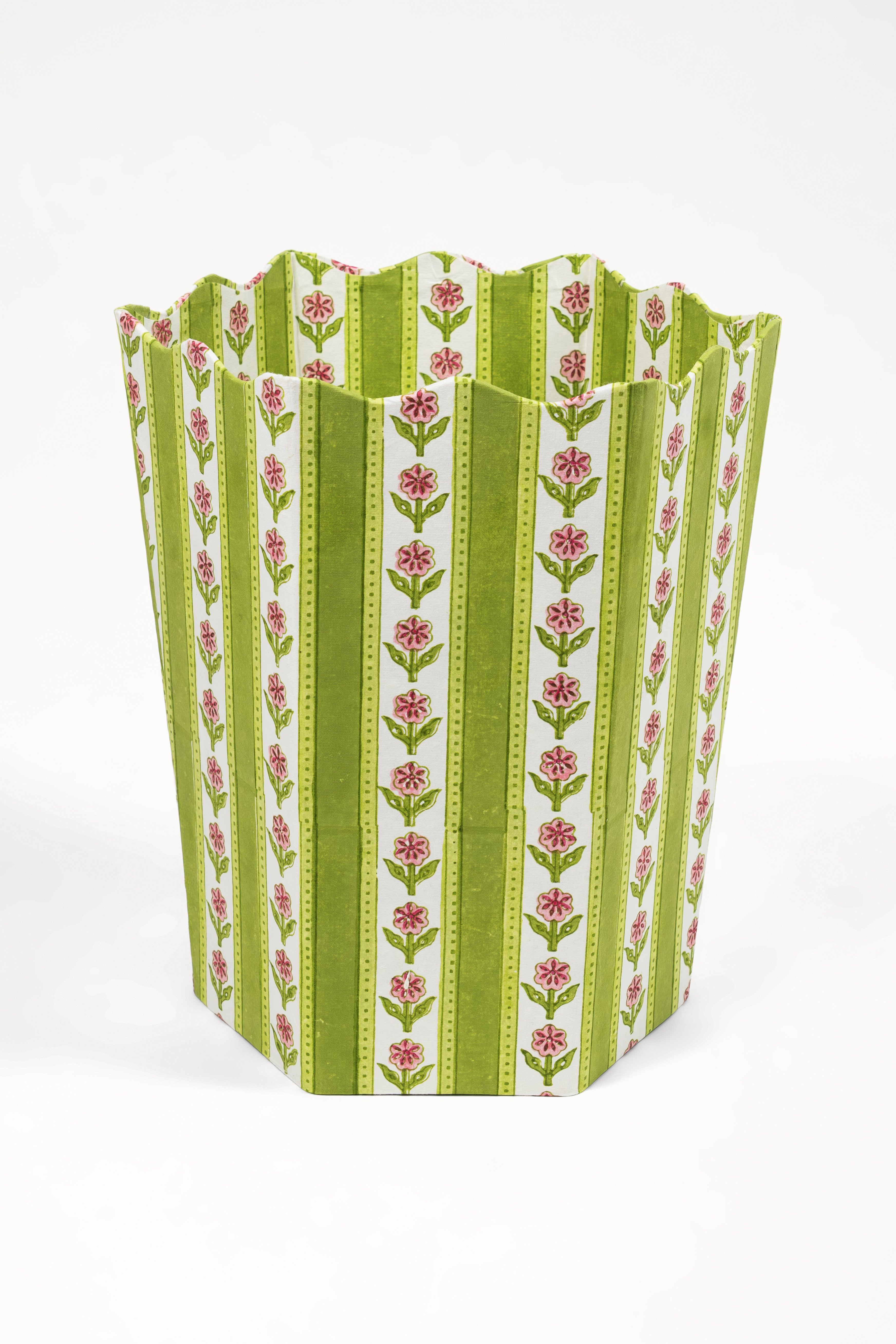 Green cottage garden blockprint scallop edge waste bin storage bin from Inner Child
