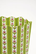 Close-up of green cottage garden blockprint scallop edge waste bin from Inner Child