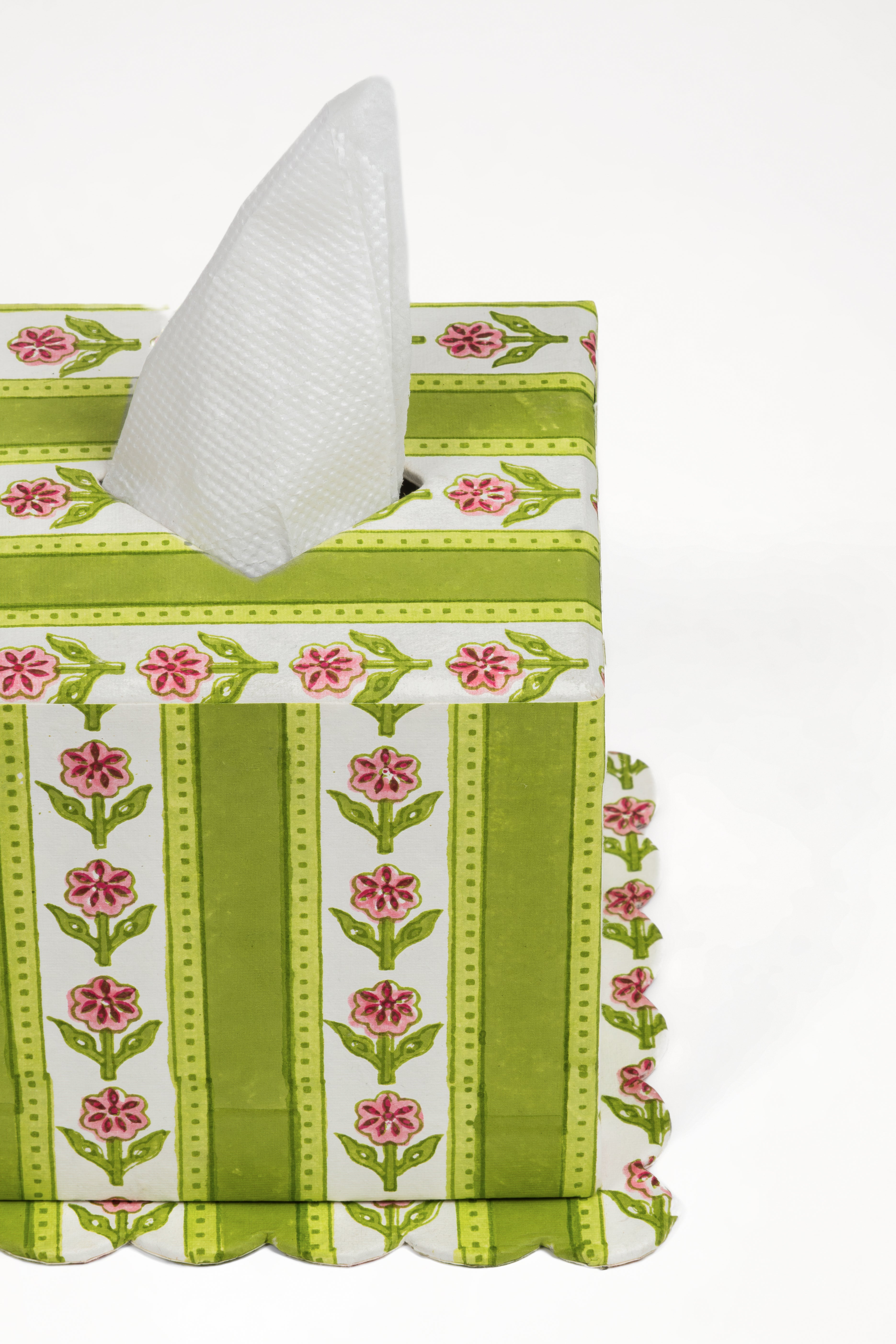 Side view of green cottage garden blockprint scallop tissue box from Inner Child