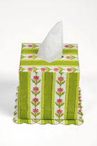 Green cottage garden blockprint scallop tissue box with pink flowers from Inner Child