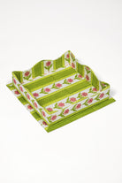 Green scalloped cotton garden blockprint nesting trays by Inner Child