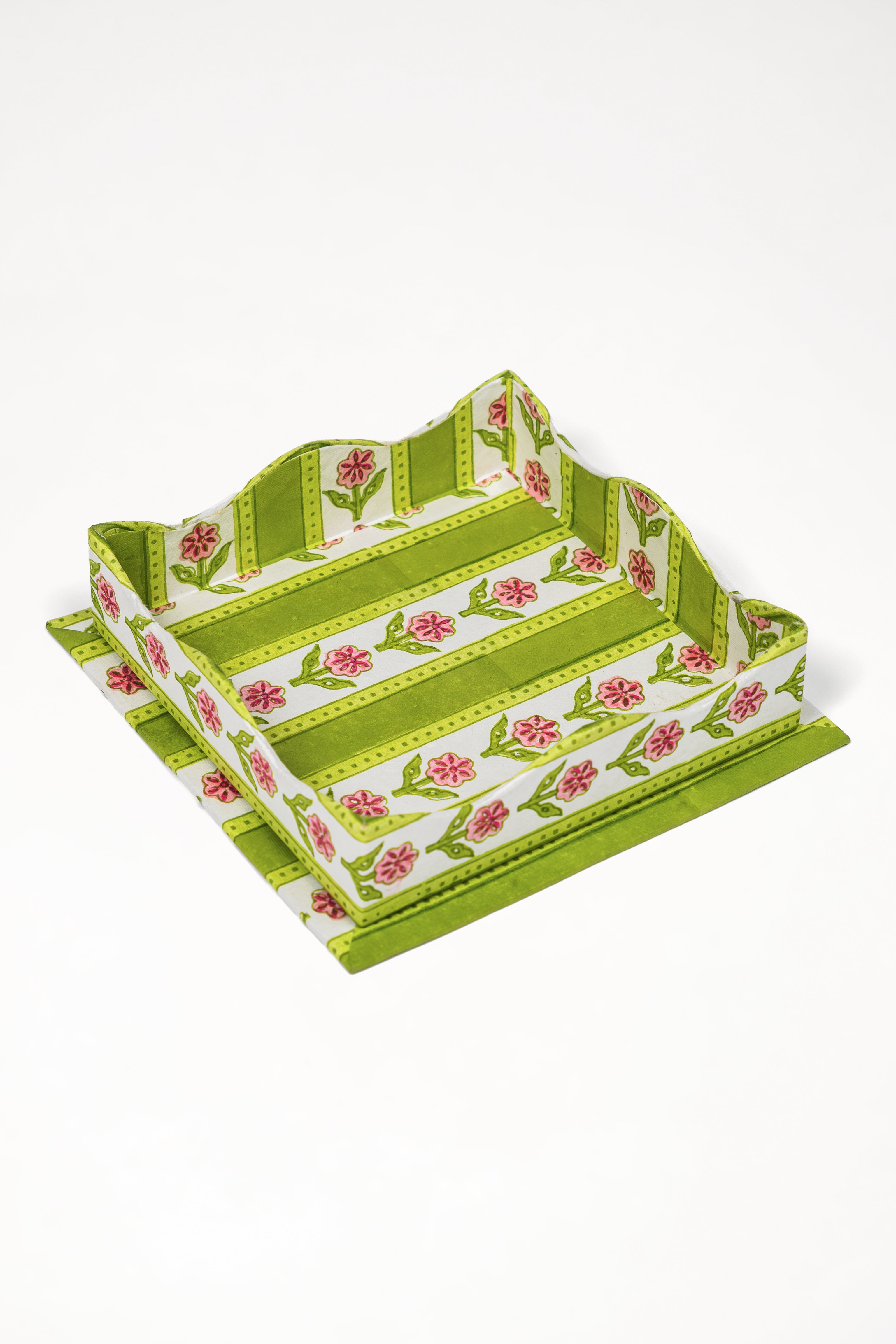 Green scalloped cotton garden blockprint nesting trays by Inner Child