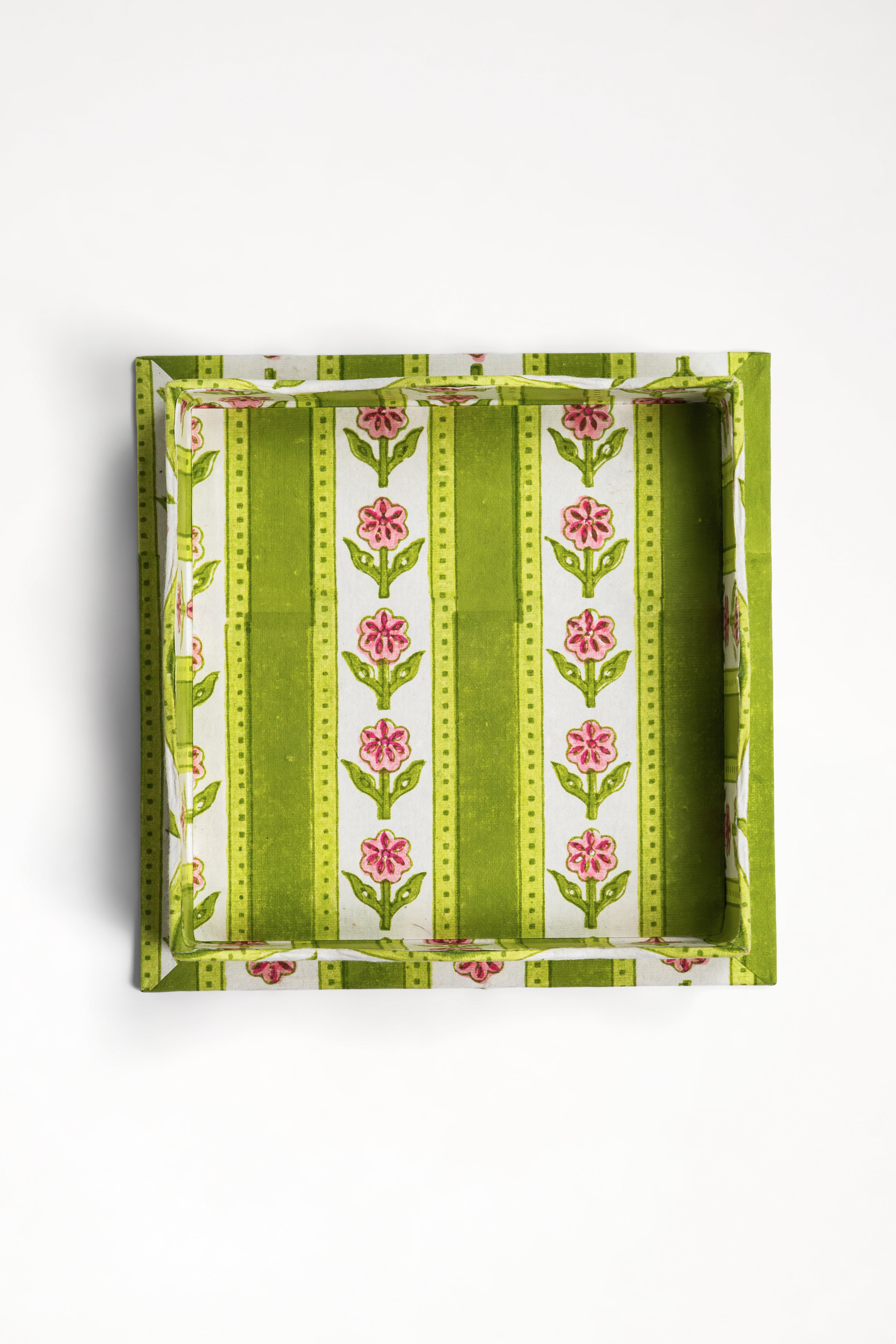 Green scalloped cotton nesting blockprint garden trays with pink flowers from Inner Child