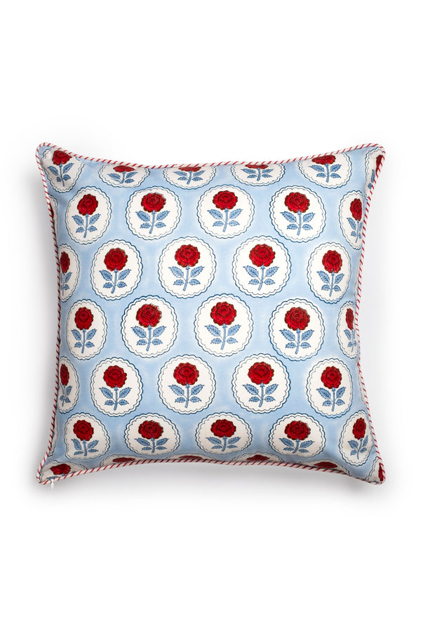English Rose Blockprint Pillow Cover in Blue and Red