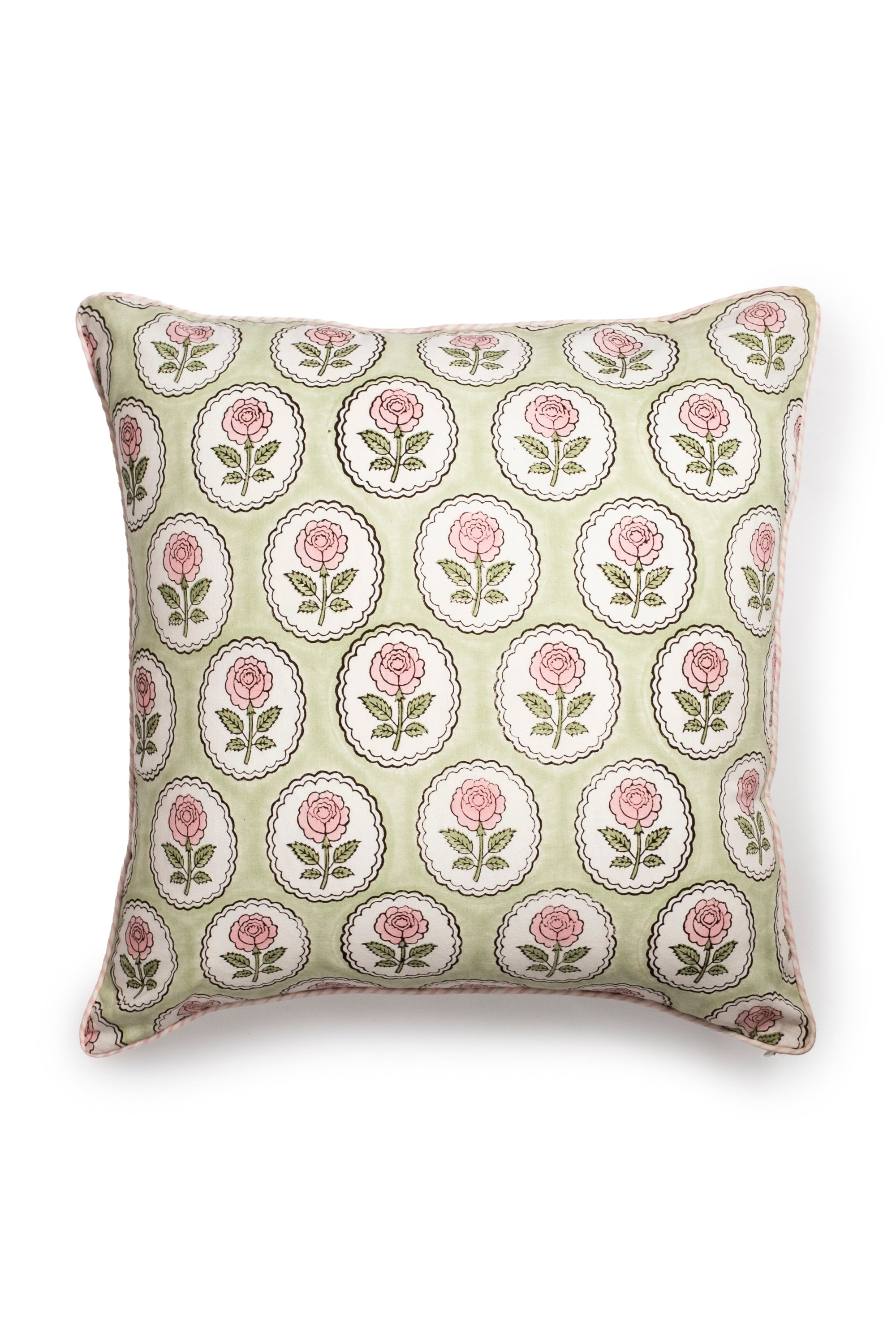Pink and green English rose blockprint pillow cover by Inner Child