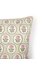 Pink and green English rose blockprint pillow cover close-up by Inner Child