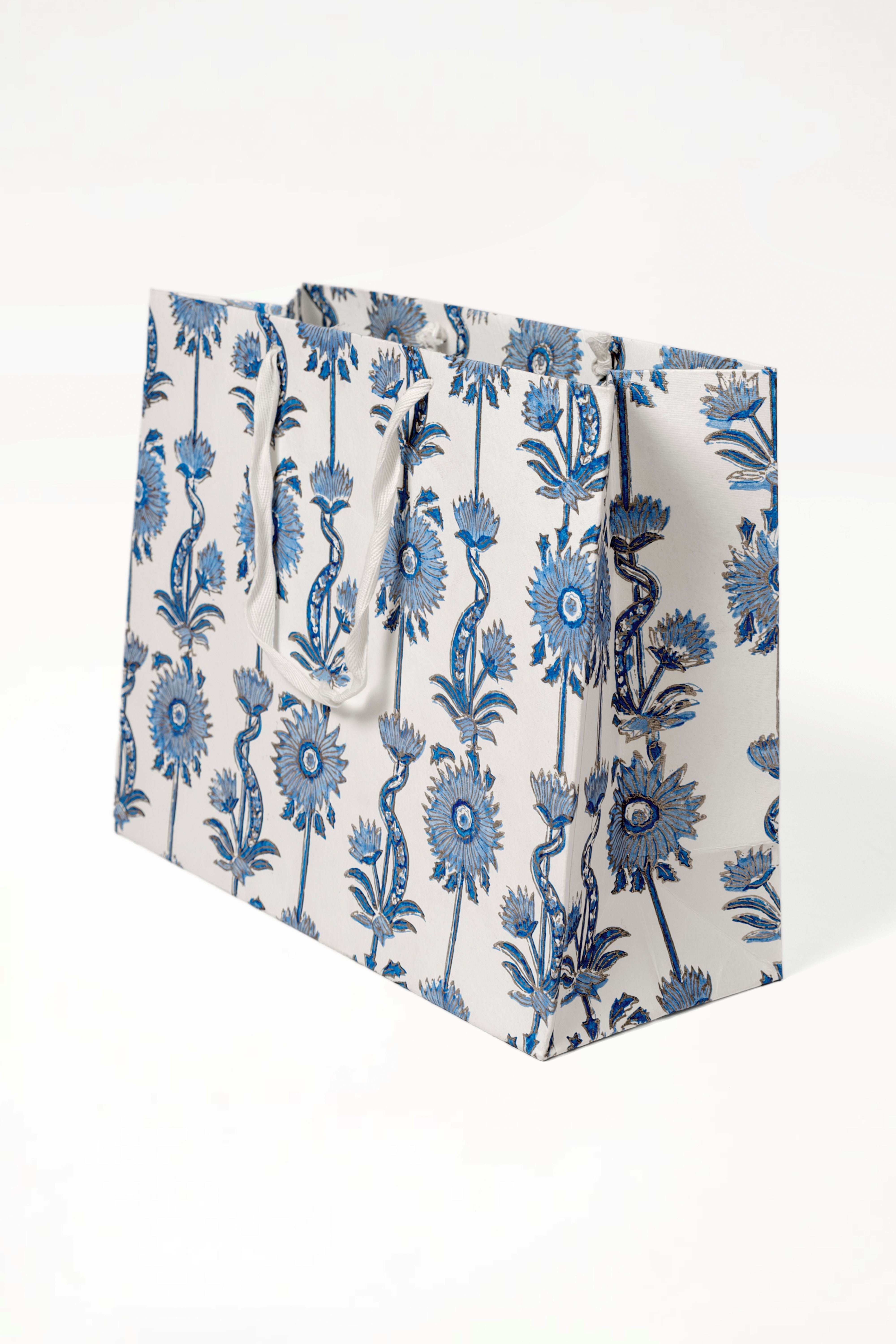 Blue floral vines blockprint gift bag with white handles from Inner Child