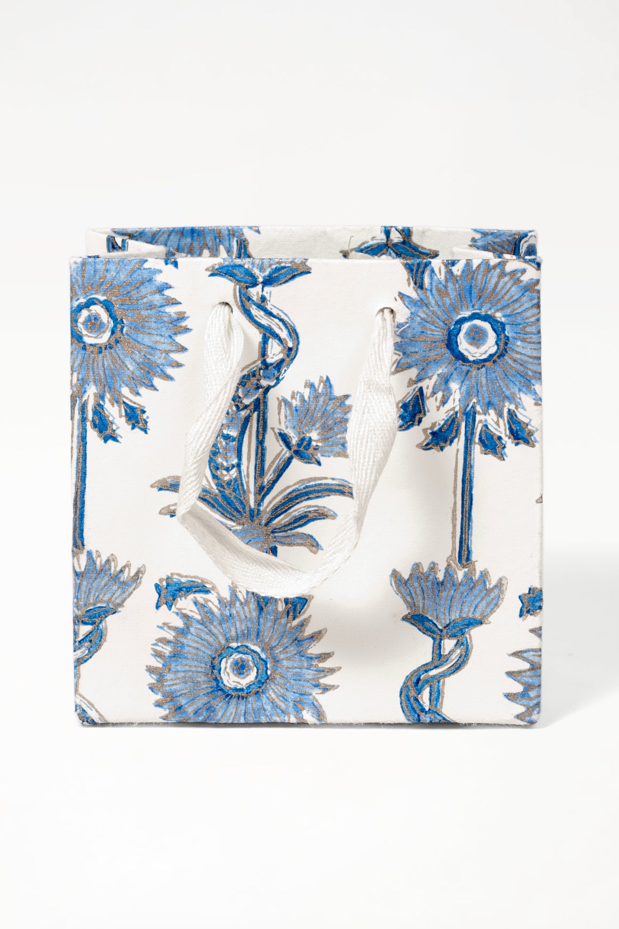 Inner Child small blue floral vines blockprint gift bag with white handles