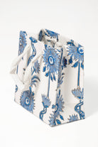 Blue floral vines blockprint gift bag with white handles from Inner Child
