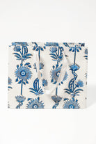 Medium blue floral vines blockprint gift bag with white handles from Inner Child